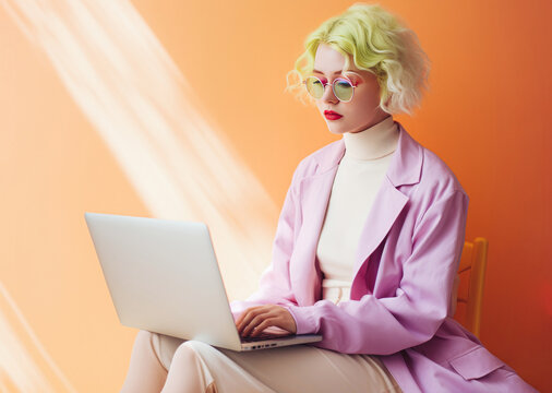 Young fashionable student girl using a laptop. Creative summer composition with sun rays in room.Bright pastel colors.