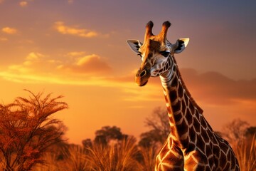Closeup portrait giraffe on blue sky background looking down
