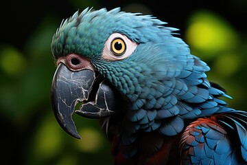 Fototapeta premium A Colorful Encounter: Close-Up of a Vibrant Parrot with Lush Green Background
