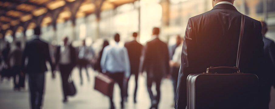  businessman with a leather bag with Blurry motion of people walking down a train station in the background.banner concept of comuting,entrpeneur,small business .