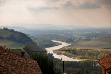 river Tanaro flowing trough the hills of Langhe, Piedmont