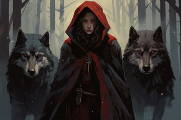 A Mysterious Woman in a Red Cloak Surrounded by Three Wolves