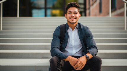 First day at college for a Latinx Descent male student, higher education for all ethnic and cultural groups - obrazy, fototapety, plakaty