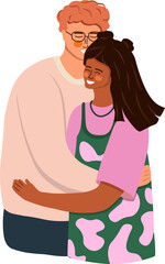Romantic Hetero Couple. Hugging people in love. Diversity. Trendy flat Vector.