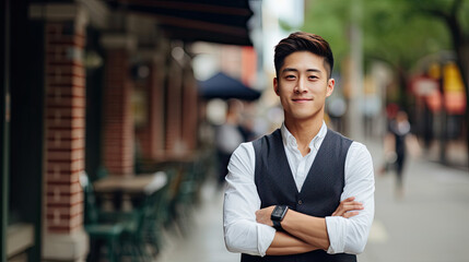 Fototapeta premium First day at college for an Asian Descent male student, higher education for all ethnic and cultural groups