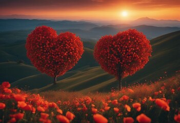 Heart shaped tree on a hill covered with poppies at sunset Mountains in the background