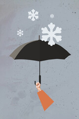 Vertical collate picture of person arm hold umbrella protect cover snowflakes isolated on creative grey background