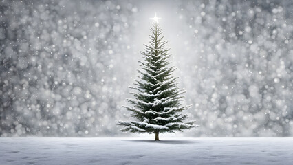 Christmas tree in winter with heavy snow fall, xmas background, copy space