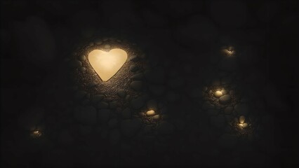 Heart-shaped candles casting a gentle light amongst a bed of stones, creating a romantic and warm atmosphere. The image speaks of love, serenity, and the beauty of simple pleasures
