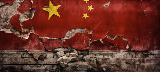 The concept of the Chinese economic crisis and recession tied to the real estate market crisis, with the China flag on a crumbling wall.