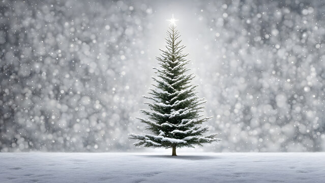 Christmas tree in winter with heavy snow fall, xmas background, copy space