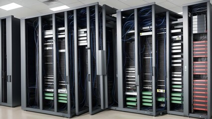 Secure data center with rows of modern server equipment for cloud computing services. Network cables connected to racks in a server room representing technology, digital data storage, internet