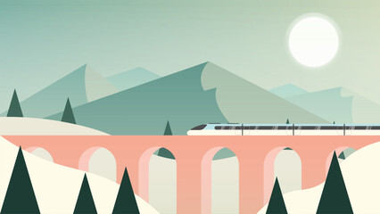 Vector Flat Train Bridge at Snowy Mountain Illustration © Aditya