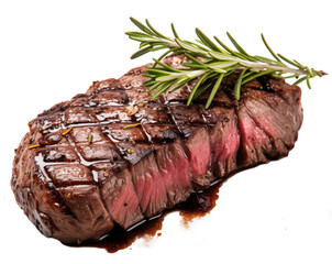 Close up of a red sliced juicy venison steak with riffles isolated on transparent background - obrazy, fototapety, plakaty