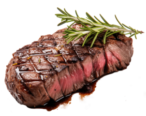 Close up of a red sliced juicy venison steak with riffles isolated on transparent background
