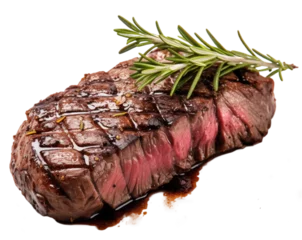 Poster Close up of a red sliced juicy venison steak with riffles isolated on transparent background © Flowal93