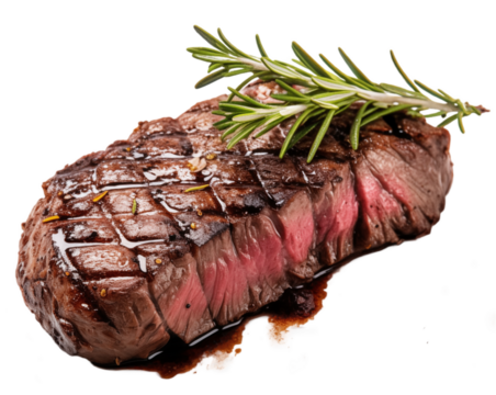 Close up of a red sliced juicy venison steak with riffles isolated on transparent background