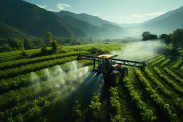 A Tractor Spraying Pesticide on a Lush Green Field - obrazy, fototapety, plakaty