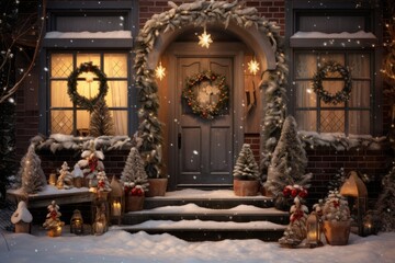 Festive House Exterior: The front view of a residence adorned with New Year's decorations, including ornaments, garlands