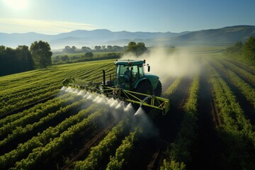 A Tractor Spraying a Field with a Sprayer - obrazy, fototapety, plakaty