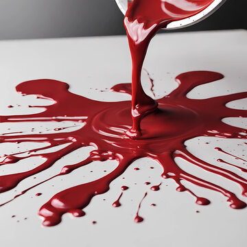 red paint splash on table, pouring paint on the table