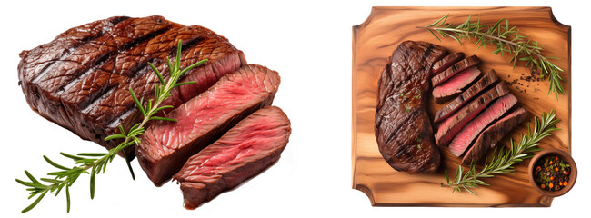 Bundle of juicy grilled venison steak slices isolated on white background - obrazy, fototapety, plakaty