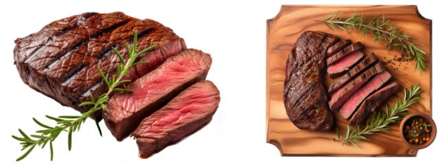 Bundle of juicy grilled venison steak slices isolated on white background