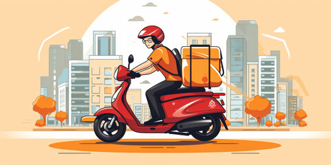 Illustration of a delivery man on a scooter delivering a package