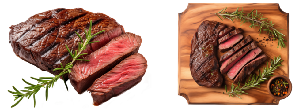 Bundle of juicy grilled venison steak slices isolated on white background