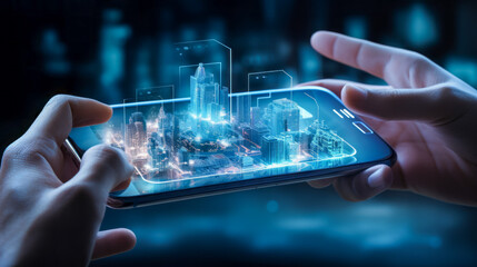Hands holding smartphone with futuristic city hologram on screen 3D render