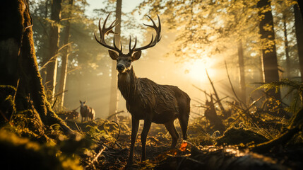 Deer in the forest at sunrise. Beautiful nature scene with stag