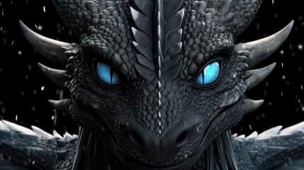 3D rendering of a fantasy dragon with blue eyes isolated on black background - obrazy, fototapety, plakaty