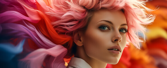 Fashion portrait of young beautiful woman with colorful hair