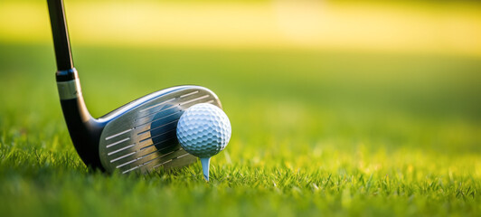 Closeup of golf club and golf ball on green grass