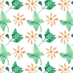 Seamless pattern of elements with springflowers and leaves. Hand drawn watercolor illustration isolated on white background