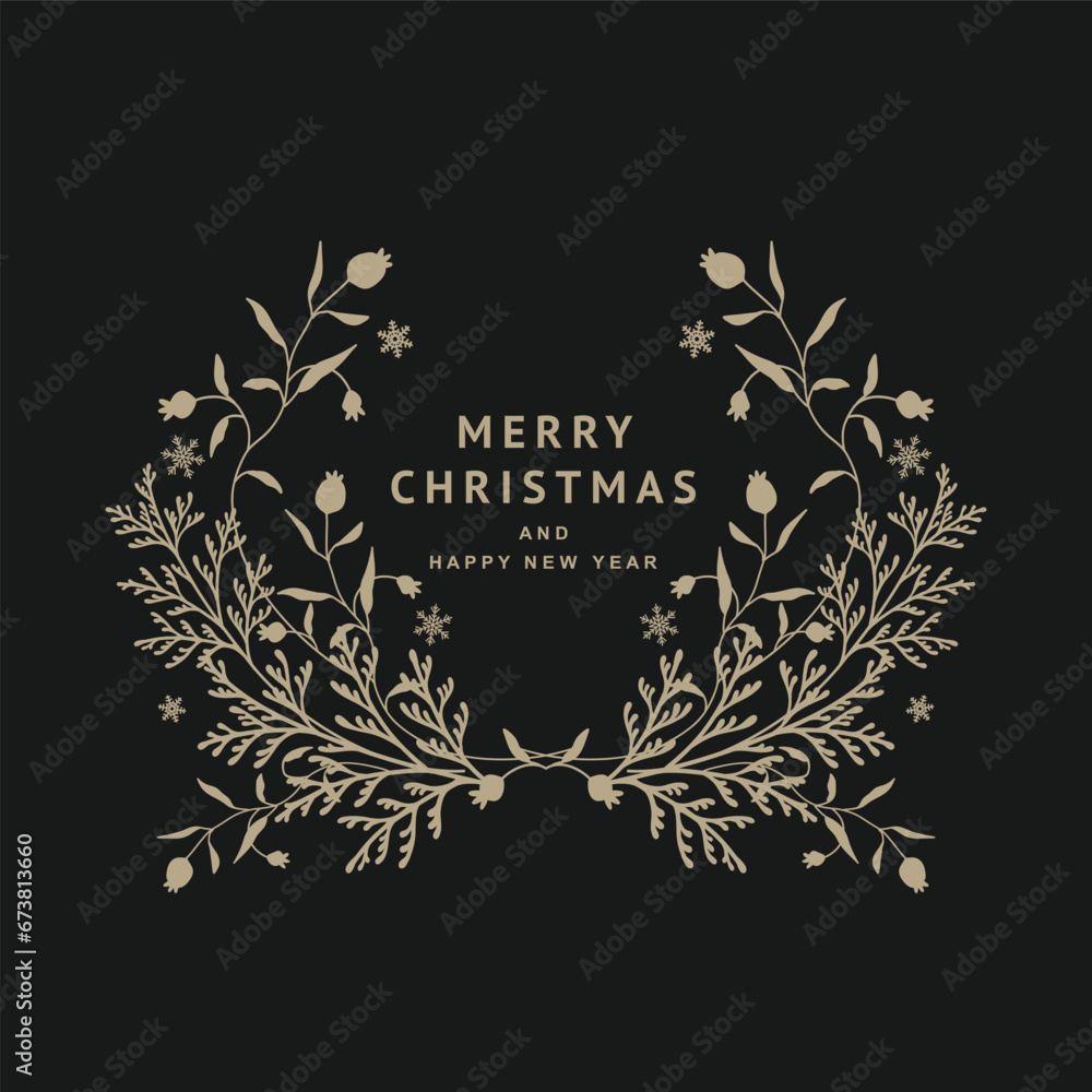 Wall mural Christmas wreath with coniferous branches, berries and snowflakes. Golden botanical round frame isolated on black background. Vector illustration