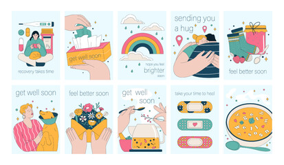 Get well soon card set. Positive and motivational poster with greeting quote. Medicine postcard with feel better lettering. Recovery affirmation and wishes. Flat vector Illustration - obrazy, fototapety, plakaty