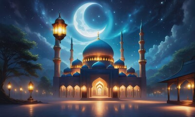 A night scene with a mosque and a lantern with the lights lit up.