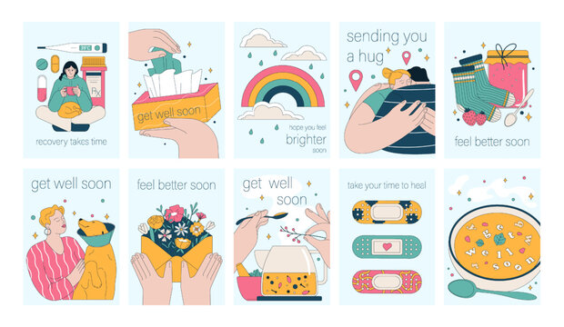 Get well soon card set. Positive and motivational poster with greeting quote. Medicine postcard with feel better lettering. Recovery affirmation and wishes. Flat vector Illustration