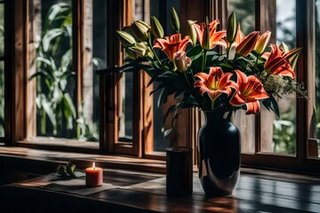 A bouquet of lily and rose flowers, placed in a midnight black ceramic vase, on a wooden surface, near an open window. ,