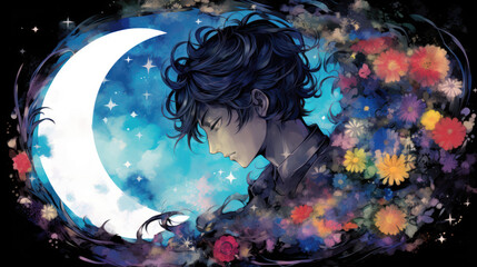 Illustration of a young man and the moon in the night sky