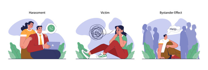Fototapeta premium Bullying set. Upset victim being bullied and shamed by others. Harassment and humiliation victim. Social violence problem. School verbal or physical abuse. Flat vector illustration