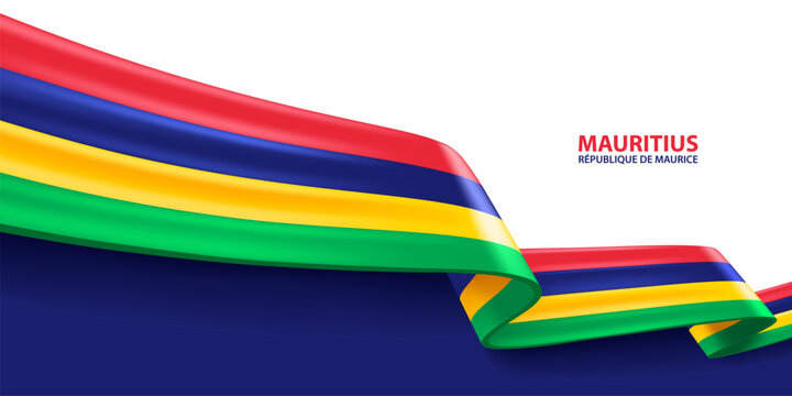 Mauritius 3D ribbon flag. Bent waving 3D flag in colors of the Mauritius national flag. National flag background design.