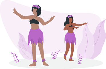 Hawaii illustration with dancing in flat style in purple colors