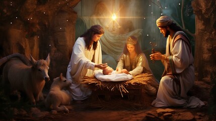 Obraz premium a baby Jesus in a barn made by midjeorney