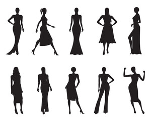 Vector set of women silhouettes in various fashionable dresses and in different poses, in black color, isolated, fashion illustration on white background.