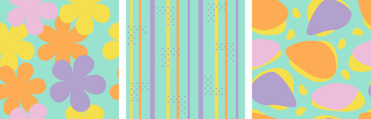 Set of summer fresh color vector seamless pattern. Colorful art abstract bright geometric print. Pastel yellow, pink, purple rose, orange flowers on watery aqua blue background. fabric. Wallpaper.