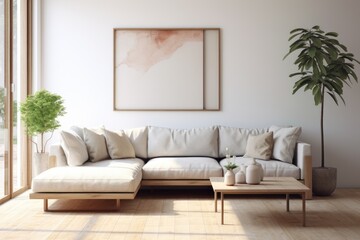 A Cozy Living Room with a Stylish Couch, Elegant Coffee Table, and Vibrant Potted Plant