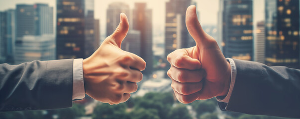 Two businessmen showing gesture thumbs up in the office. Teamwork and business concept. - obrazy, fototapety, plakaty