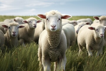 Fototapeta premium A Majestic Herd of Sheep Grazing on a Vibrant, Serene, and Verdant Meadow